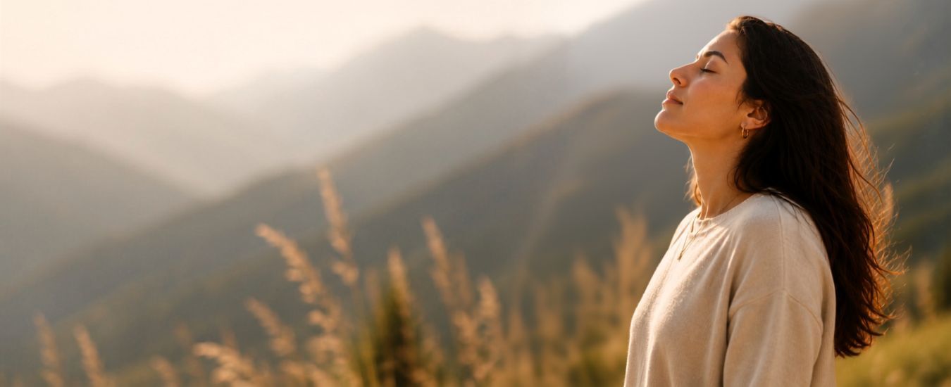 Mujer practicando respiración consciente online